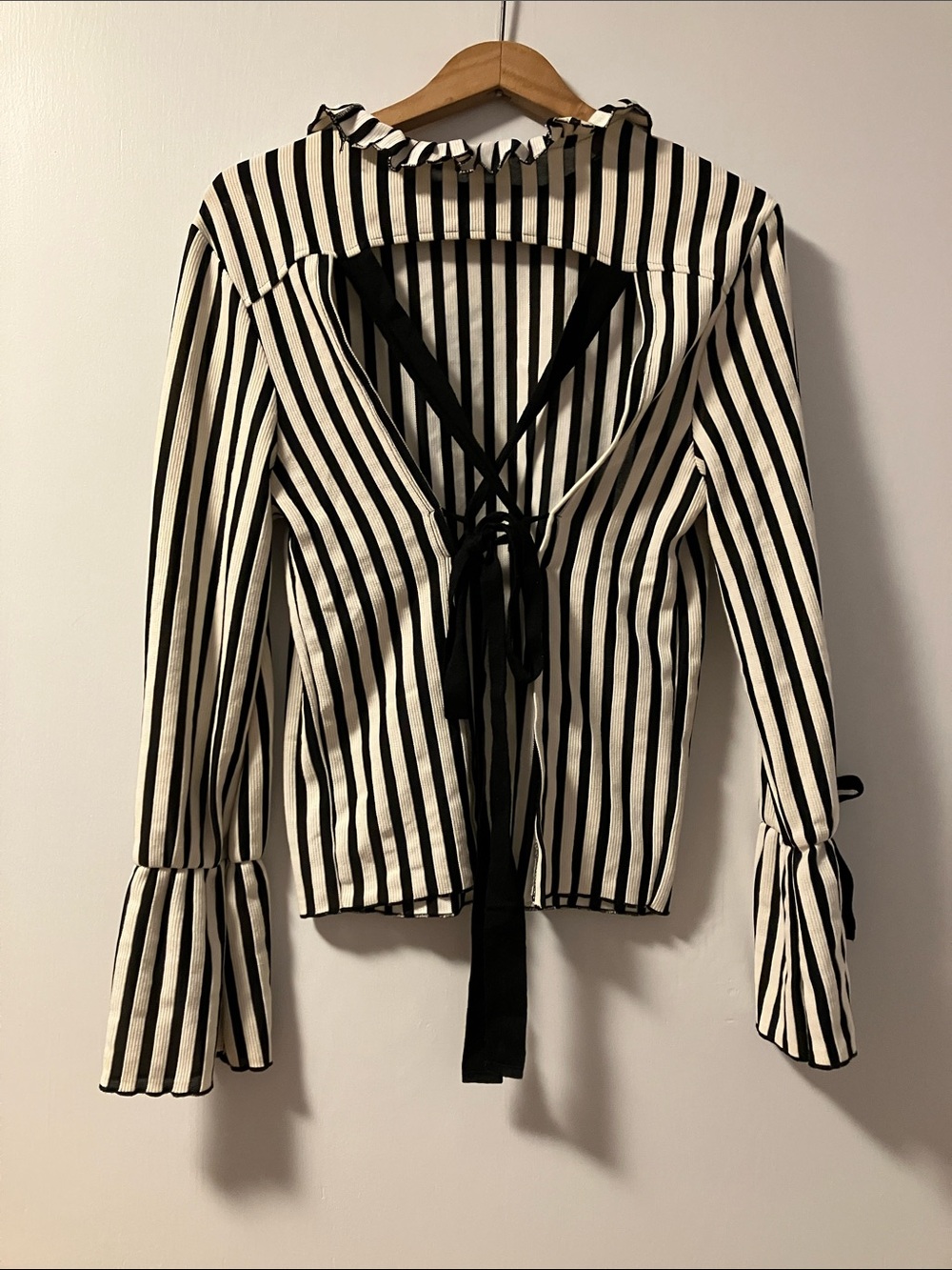 Zara Black & White Vertical Stripe Ruffle Neck Blouse with Open Back Summer 2017
